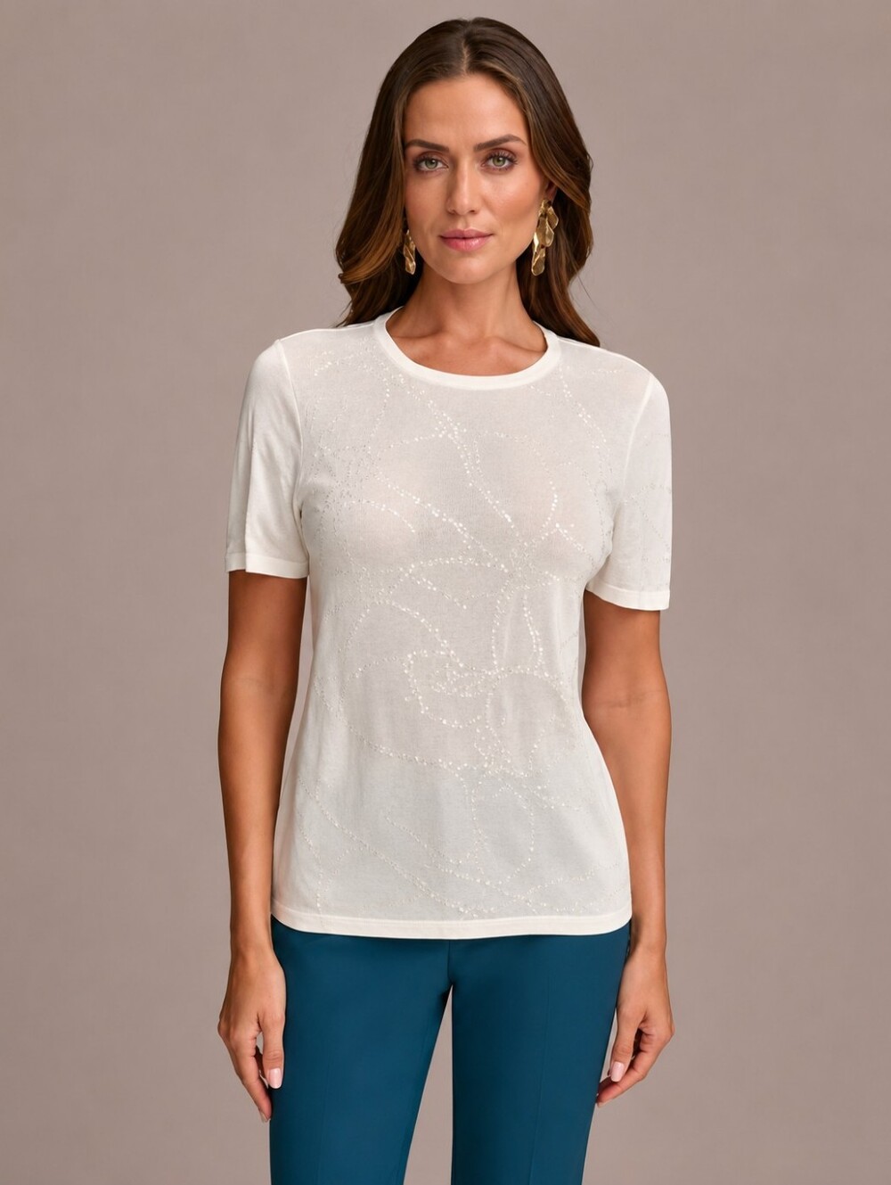 Donna Karan Women's Short-Sleeve Sequin Detail Sweater Blouse T-shirt Size XD